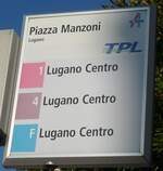 (199'722) - TPL-Haltestellenschild - Lugano, Piazza Manzoni - am 7. Dezember 2018