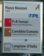 (242'840) - TPL/SOCIET NAVIGAZIONE DEL LAGO LUGANO-Haltestellenschild - Lugano, Piazza Manzoni - am 16.