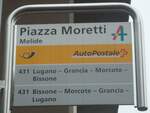 (147'763) - PostAuto-Haltestellenschild - Melide, Piazza Moretti - am 6. November 2013