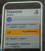 (147'770) - SOCIET NAVIGAZIONE DEL LAGO DI LUGANO/PostAuto-Haltestellenschild - Melide, Stazione - am 6. November 2013