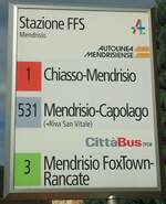 (147'845) - AUTOLINEA MENDRISIENSE/CittBus-Haltestellenschild - Mendrisio, Stazione FFS - am 6. November 2013