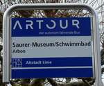 (282'796) - ARTOUR-Haltestellenschild - Arbon, Saurer-Museum/Schwimmbad - am 5. Dezember 2025