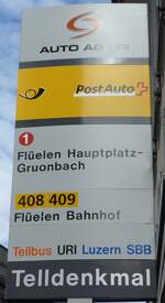 (150'539) - AUTO AG URI/PostAuto-Haltestellenschild - Altdorf, Telldenkmal - am 10. Mai 2014