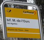 (188'386) - PostAuto-Haltestellenschild - Les Agettes, bif. M.-de-l'Ours - am 11. Februar 2018