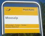 (208'983) - PostAuto-Haltestellenschild - Moosalp, Moosalp - am 18. August 2019
