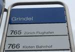 (169'965) - ZVV-Haltestellenschild - Kloten, Grindel - am 14.