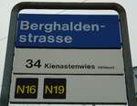(143'747) - ZVV-Haltestellenschild - Zrich, Berghaldenstrasse - am 21. April 2013