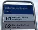 (182'659) - ZVV-Haltestellenschild - Zrich, Schwamendingerplatz - am 3.