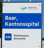 (279'392) - Zugerland Verkehrsbetriebe-Haltestellenschild - Baar, Kantonsspital - am 26.