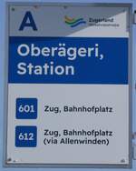 zugerland-verkehrsbetriebe/868757/269085---zugerland-verkehrsbetriebe-haltestellenschild---oberaegeri (269'085) - Zugerland Verkehrsbetriebe-Haltestellenschild - Ober�geri, Station - am 9. November 2024