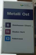 (137'997) - Zugerland Verkehrsbetriebe-Haltestellenschild - Zug, Metalli Ost - am 6. Mrz 2012