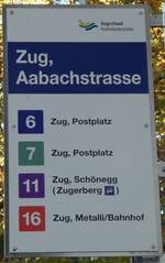 (242'056) - Zugerland Verkehrsbetriebe-Haltestellenschild - Zug, Aabachstrasse - am 31.